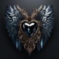 Dark Elegance: Black Topaz Heart with Metallic Wings Royalty Free Stock Photo
