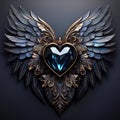Dark Elegance: Black Topaz Heart with Metallic Wings Royalty Free Stock Photo
