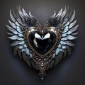 Dark Elegance: Black Topaz Heart with Metallic Wings Royalty Free Stock Photo