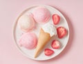 Flatlay of strawberry and coconut ice cream scoops, square crop. Royalty Free Stock Photo