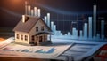 Model of house shot on graph depicting mortgage rates. Royalty Free Stock Photo