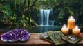 Deep green forest waterfall with a table in the foreground with gold tarot cards, lit candles, and amethyst crystals Royalty Free Stock Photo