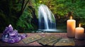 Deep green forest waterfall with a table in the foreground with gold tarot cards, lit candles, and amethyst crystals Royalty Free Stock Photo