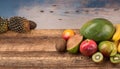 Summer fresh fruit variety over rustic wooden background, top view, copy space, horizontal composition Royalty Free Stock Photo