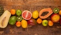 Summer fresh fruit variety over rustic wooden background, top view, copy space, horizontal composition Royalty Free Stock Photo