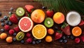 Summer fresh fruit variety over rustic wooden background, top view, copy space, horizontal composition Royalty Free Stock Photo