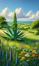 Maguey in a flowered field with Agaves, Beautiful illustrated Mexico Landscape with flowers, agaves and maguey Royalty Free Stock Photo