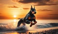 Doberman, Dog Running on Beach at Sunset Royalty Free Stock Photo