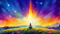 AI generated Magical ilustration of a woman meditating in meadow with flowers Royalty Free Stock Photo