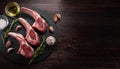 Raw lamb chops. Rack of Lamb with garlic, rosemary and spices on black slate tray Royalty Free Stock Photo
