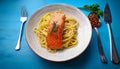 Plate of pasta with seasoned, herbed and spiced, salmon Royalty Free Stock Photo