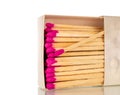 Wooden matches for lighting a fire in a paper box, macro. Royalty Free Stock Photo