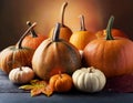 Different kind of pumpkins closeup. Halloween and autumn background Royalty Free Stock Photo