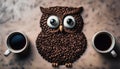 Coffee owl. A funny owl made of roasted coffee beans and two cups Royalty Free Stock Photo