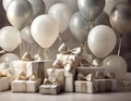 Babyshower Gifts on a table with balloons Royalty Free Stock Photo