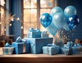 Babyshower Gifts on a table with balloons Royalty Free Stock Photo