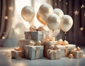 Babyshower Gifts on a table with balloons Royalty Free Stock Photo
