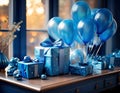 Babyshower Gifts on a table with balloons Royalty Free Stock Photo