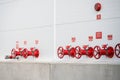 Close up photograph of sprinkler system exterior control valves of manufacturing plant Royalty Free Stock Photo