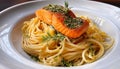 Plate of pasta with seasoned, herbed and spiced salmon Royalty Free Stock Photo