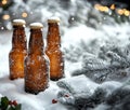 Row of beer bottle in the winter snow forest outdoor bokeh background Royalty Free Stock Photo
