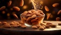 Almonds Almond Nuts Food. Raw almonds pouring out of a glass bowl onto a wood surface. Royalty Free Stock Photo