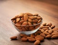 Almonds Almond Nuts Food. Raw almonds pouring out of a glass bowl onto a wood surface. Royalty Free Stock Photo