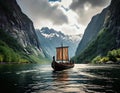 Viking ship sails between huge mountains of a fjord. AI Generated Image. Royalty Free Stock Photo
