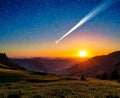 Mountain landscape during sunset with a comet shooting past the sun. AI Generated image. Royalty Free Stock Photo