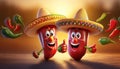 Happy cartoon chili peppers wearing sombreros Royalty Free Stock Photo