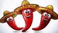 Happy cartoon chili peppers wearing sombreros Royalty Free Stock Photo