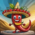 Happy cartoon chili peppers wearing sombreros Royalty Free Stock Photo