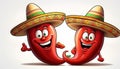 Happy cartoon chili peppers wearing sombreros Royalty Free Stock Photo