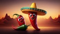 Happy cartoon chili peppers wearing sombreros Royalty Free Stock Photo