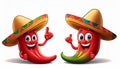 Happy cartoon chili peppers wearing sombreros Royalty Free Stock Photo