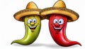 Happy cartoon chili peppers wearing sombreros Royalty Free Stock Photo