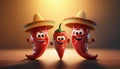 Happy cartoon chili peppers wearing sombreros Royalty Free Stock Photo