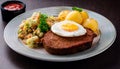 LeberkÃ¤se slices with fried egg and potato salad Royalty Free Stock Photo