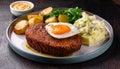 LeberkÃ¤se slices with fried egg and potato salad Royalty Free Stock Photo