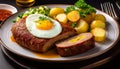 LeberkÃ¤se slices with fried egg and potato salad Royalty Free Stock Photo
