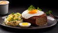 LeberkÃ¤se slices with fried egg and potato salad Royalty Free Stock Photo