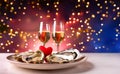 plate of fresh oysters for Valentine\'s Day, heart, festive atmosphere, glitter Royalty Free Stock Photo