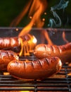 Sausages on the barbecue grill with flames Royalty Free Stock Photo