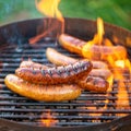 Sausages on the barbecue grill with flames Royalty Free Stock Photo