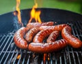 Sausages on the barbecue grill with flames Royalty Free Stock Photo