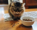 A cat refusing to eat its food. Generative AI Royalty Free Stock Photo