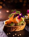 Delicious appetizer canapes of bread with smoked salmon for holiday Royalty Free Stock Photo