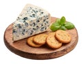 Blue Cheese with Crackers and Fresh Basil isolated on a transparent background. Royalty Free Stock Photo