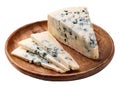 Sliced Blue Cheese on a Wooden Plate isolated on a white background. Royalty Free Stock Photo
