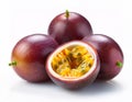 A cluster of vibrant purple passion fruits, one cut open to reveal its juicy, seed-filled interior, against a white background Royalty Free Stock Photo